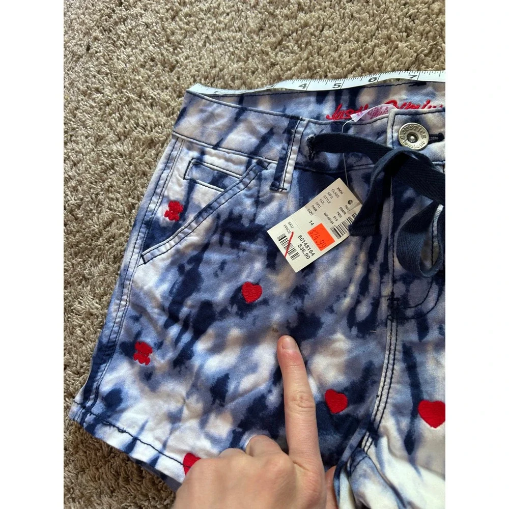 NWT Justice Girls Blue Tie Dye Heart Skull Embroidered Shorts Size 14 Y2K Grunge